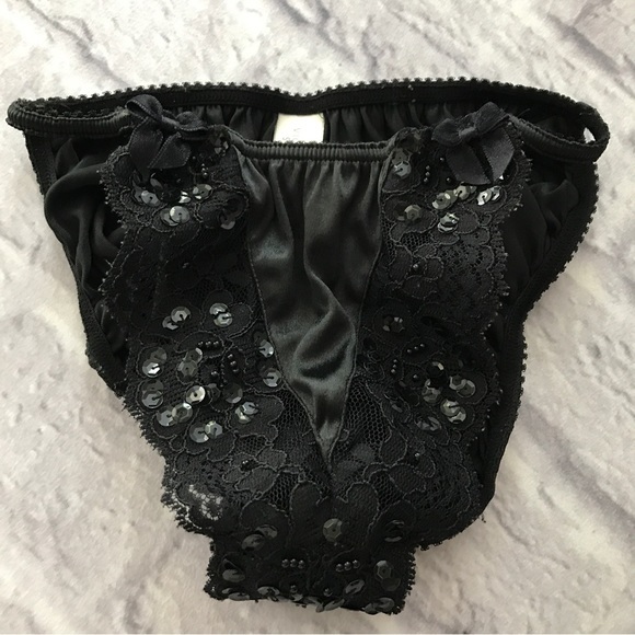 Vintage 90’s Victoria’s Secret Sequin and Beaded Satin Black String Bikini - Picture 4 of 10